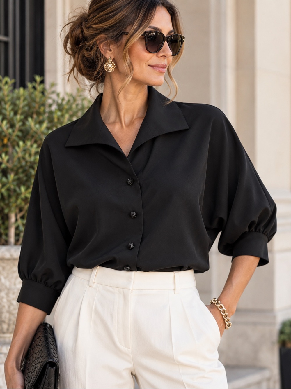 St. John Couture Black Dolman Sleeve Blouse Jeweled Buttons Size 6